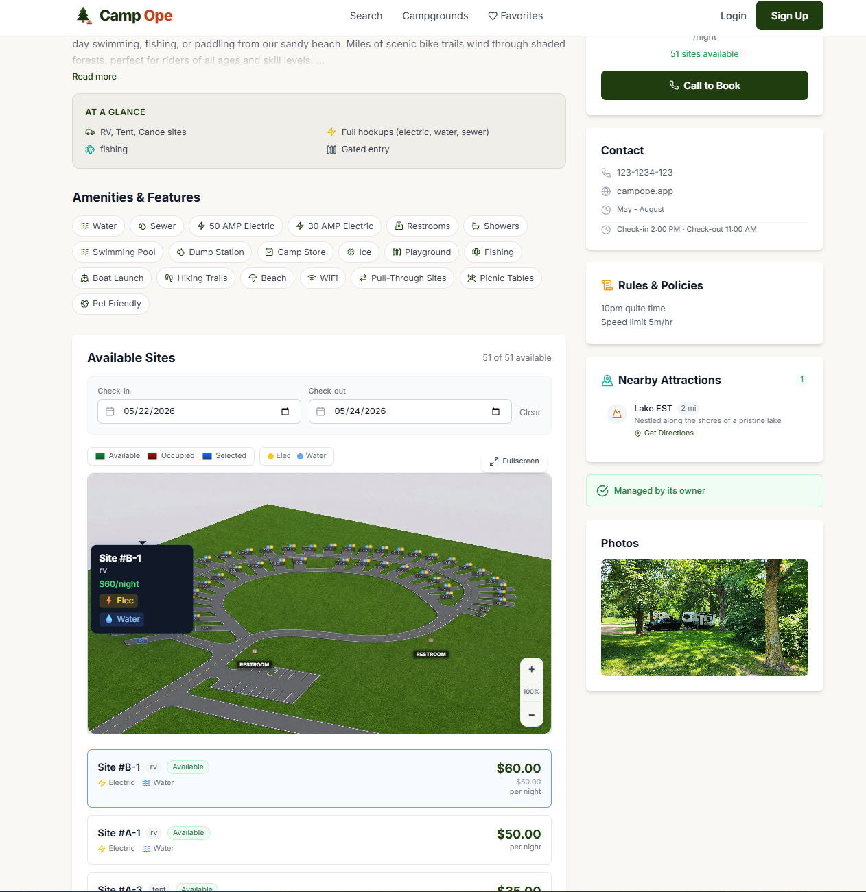 Campground listing with dates selected showing seasonal pricing and availability
