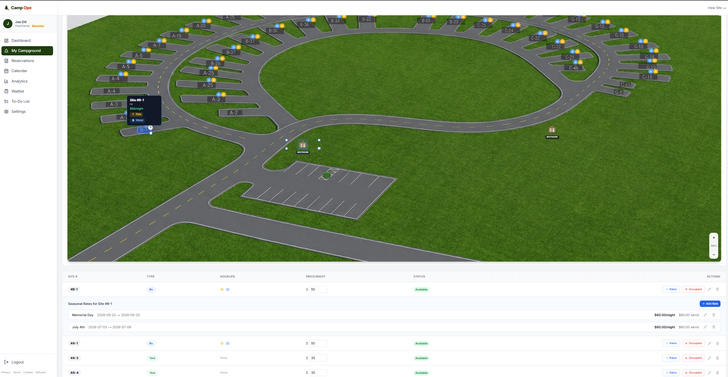 Camp Ope interactive site map with campground layout, sites, restrooms, and roads