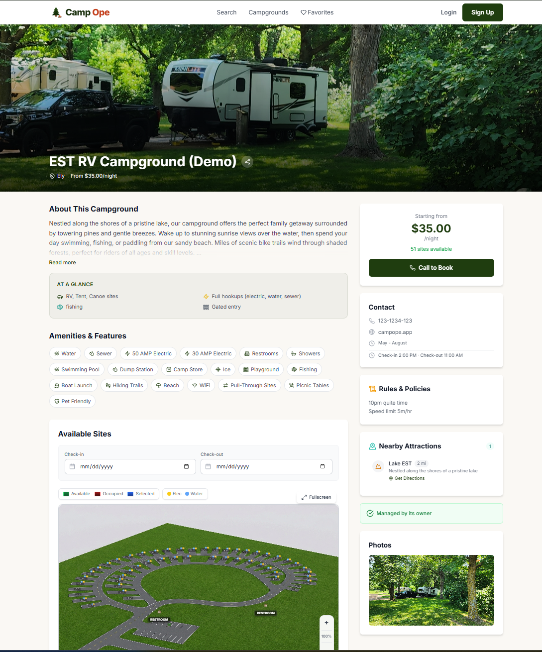 Camp Ope campground listing page showing description, amenities, site map, and pricing