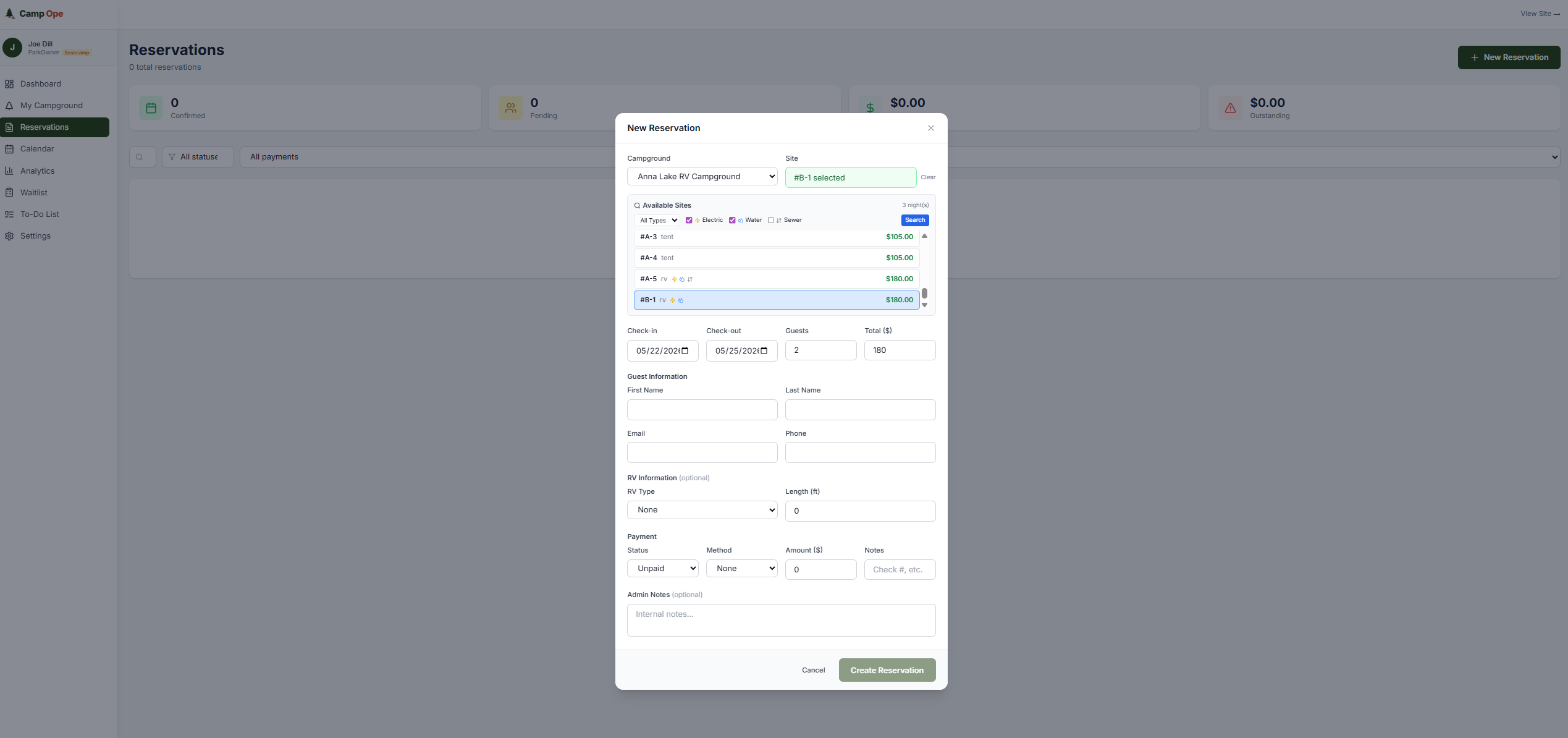 Camp Ope reservation form with site selection, guest information, and payment tracking