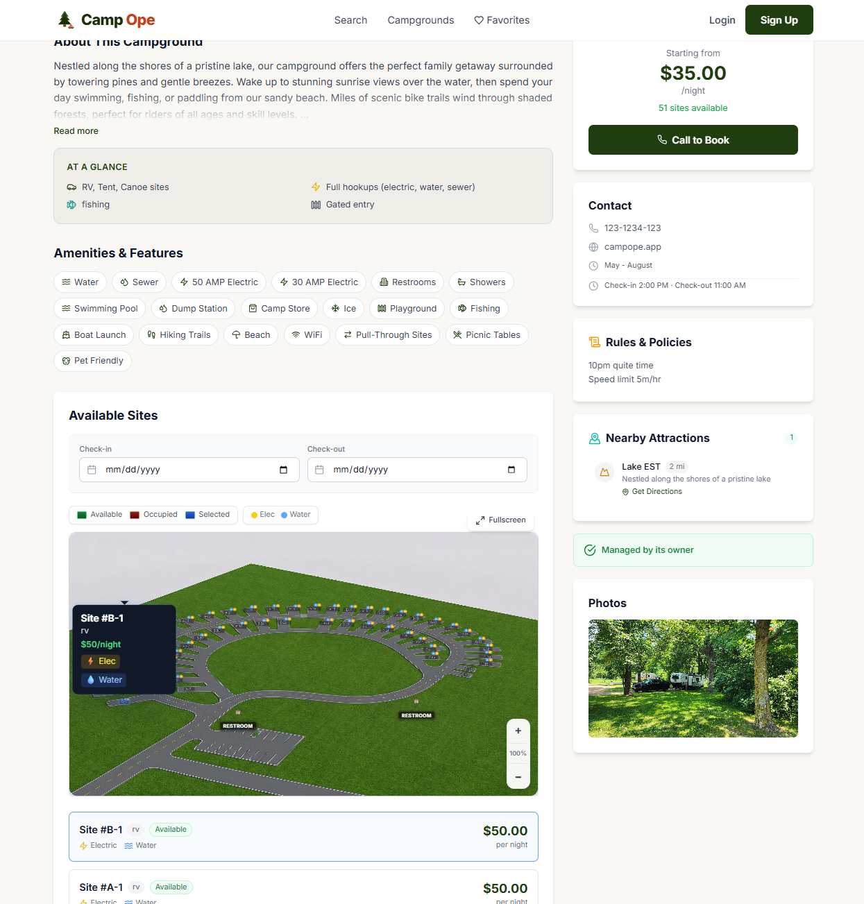 Camp Ope admin dashboard with site management table, types, hookups, pricing, and seasonal rates
